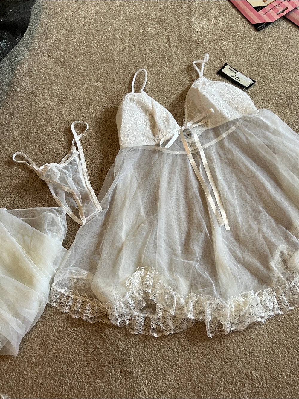 Sheer White Lace Babydoll Chemise with Ribbon Tie, panties and sheet cover